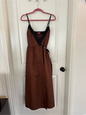 STAUD Brown Midi Wrap Dress with Black Trim